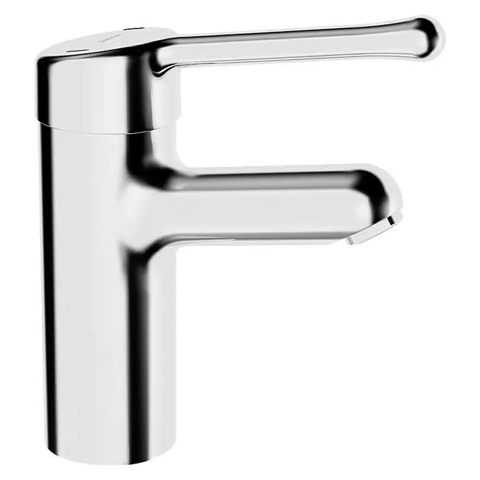 Hansa Medipro Waschtischarmatur L - Ohne Zugstange, Chrom, Glänzend - Nahaufnahme eines verchromten Wasserhahns mit Hebel, der ein modernes und minimalistisches Design aufweist.