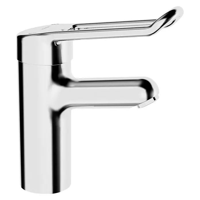 Hansa Medipro Waschtischarmatur - Ohne Zugstange, Chrom, Glänzend - Nahaufnahme eines modernen, verchromten Wasserhahns. Das schlichte Design und die glänzende Oberfläche des Wasserhahns fallen sofort ins Auge.