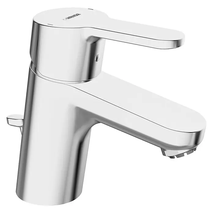 Hansa Primo Waschtischarmatur - Niederdruck, Chrom, Glänzend - Nahaufnahme einer glänzenden, modernen Waschtischarmatur aus Chrom mit klaren Linien und einem Hebelgriff.