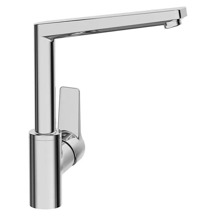 Hansa Twist Spültischarmatur - L-Auslauf, Chrom, Glänzend - Nahaufnahme eines modernen, verchromten Waschtischhahns mit schlankem Design und Einhebelmischer, ideal für zeitgemäße Badezimmer.