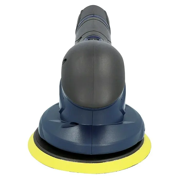 Cartrend Pulidora de batería 10699 - 12 V, 1 batería, 2 Ah, Número de revoluciones de marcha en vacío: 0 r.p.m. - 5.000 r.p.m. - Primer plano de una lijadora orbital aleatoria azul y negra con una almohadilla de lijado amarilla. Ideal para tareas de lijado de precisión.