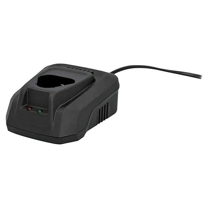 Cartrend Akku-Poliermaschine 10699 - 12 V, 1 Akku, 2 Ah, Leerlaufdrehzahl: 0 U/min - 5.000 U/min - Eine Nahaufnahme eines Akku-Ladegeräts mit Netzkabel, das auf einer weißen Oberfläche platziert ist. Das Ladegerät ist hauptsächlich schwarz.