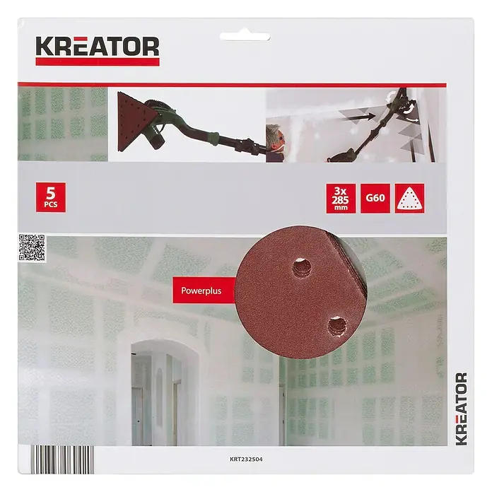 Kreator Set de hojas de lija triangulares - Grano: 60 mm, 5 ud. - Embalaje del producto con discos de lijado. Este juego incluye 5 discos de lijado con grano G60 y un tamaño de 3x285 mm.