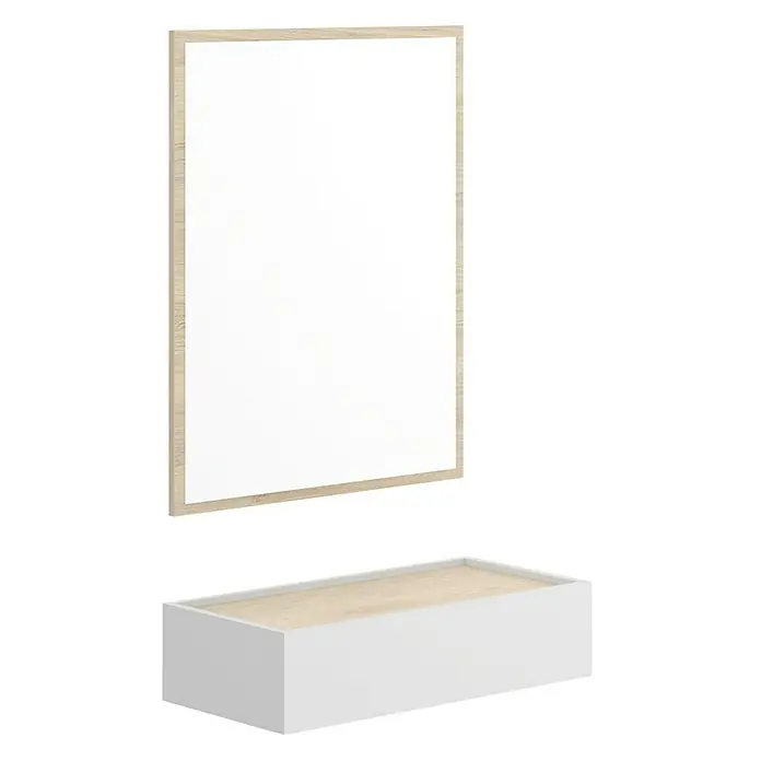Dekit Mueble para recibidor Ott - Natural/Blanco, Espejo - Imagen de un espejo de baño con marco de madera clara y un mueble de lavabo blanco.