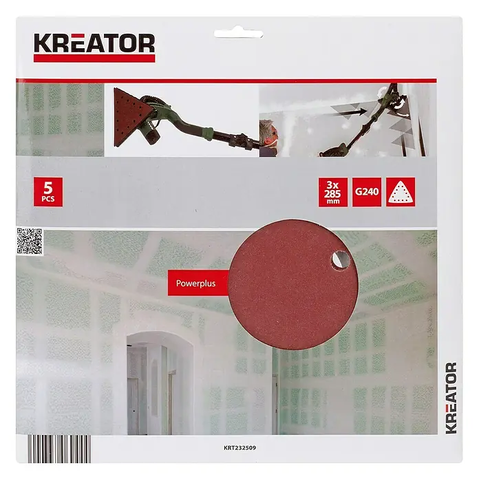 Kreator Set de hojas de lija triangulares - Grano: 240 mm, 5 ud. - Embalaje del producto de discos de lijar Kreator Powerplus, 3x285mm, G240, 5 unidades, con imágenes de aplicación y detalles del producto.
