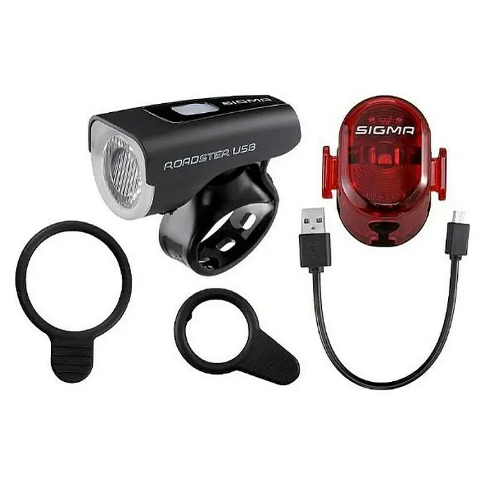Sigma Fahrradbeleuchtungs-Set - 5 -tlg., Beleuchtungsstärke: 25 lx - Sigma Roadster USB Fahrradlampe und Rücklicht Set, inklusive USB-Kabel und Befestigungsmaterial.