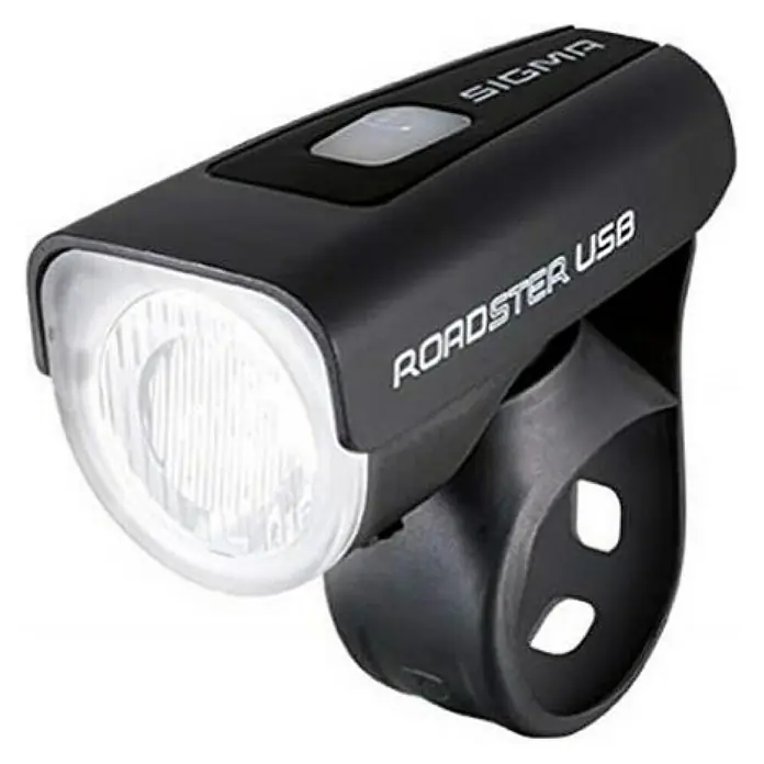 Sigma LED-Frontleuchte Roadster - Beleuchtungsstärke: 25 lx, Leuchtdauer: 5 h, Spritzwassergeschützt - Nahaufnahme einer Sigma Roadster USB Fahrradlampe, die eine hochwertige Beleuchtung und einfache USB-Aufladung bietet.