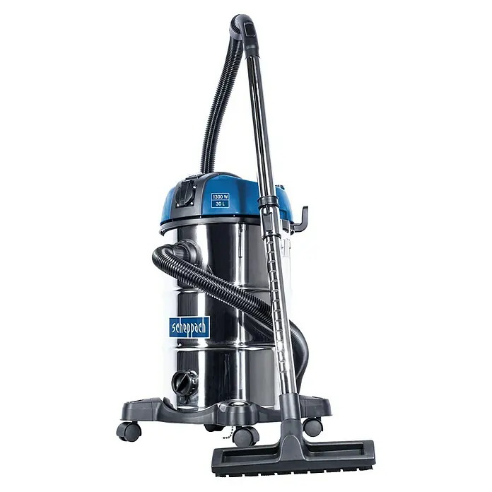 Scheppach Aspirador en seco y húmedo eléctrico NTS30 - 1.300 W, 30 l - Imagen de un aspirador de sólidos y líquidos Scheppach con 1300 W de potencia y 30 litros de capacidad, ideal para taller y hogar.