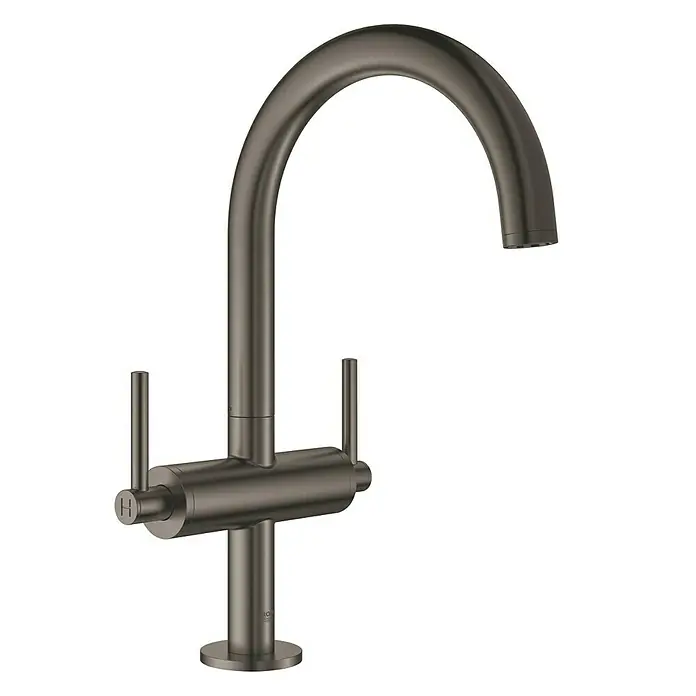 Grohe Atrio Waschtischarmatur L-Size - Hebelgriff, Hard Graphite, Matt - Elegante, gebürstete Graphit-Küchenarmatur mit hohem Auslauf und zwei Griffen für präzise Temperaturregelung, die Stil und Funktionalität vereint.