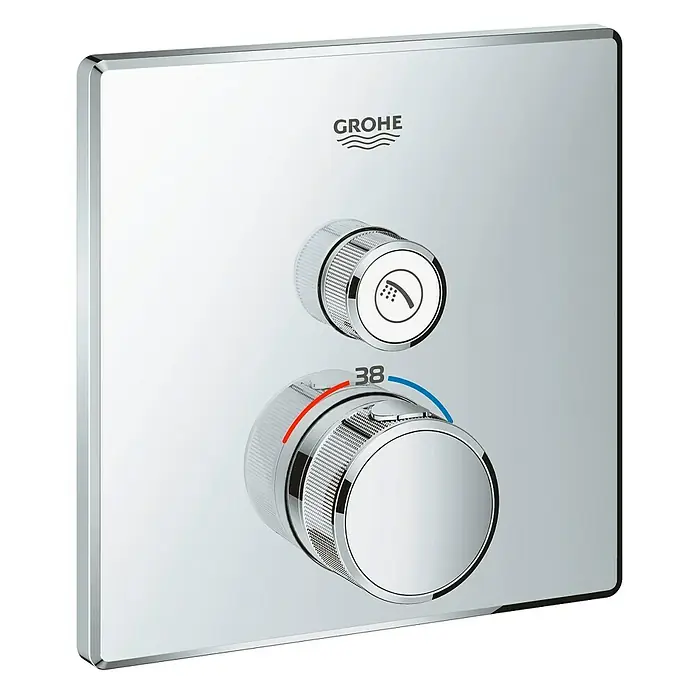 Grohe Grohtherm SmartControl UP-Thermostatarmatur - Anzahl Absperrventile: 1 Stk., Eckig, Chrom, Glänzend - Eine quadratische Grohe Armatur mit zwei Drehknöpfen für Duschfunktionen und Temperaturregelung in glänzendem Chrom-Design.