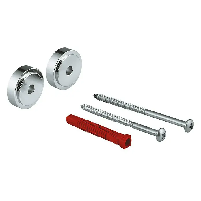 Grohe Tempesta Ausgleichsring N - Passend für: Grohe Brausestangen Euphoria/Tempesta, Chrom - Bild von zwei Chromrosetten, zwei Schrauben und einem Dübel, die für die Installation im Badezimmer verwendet werden.