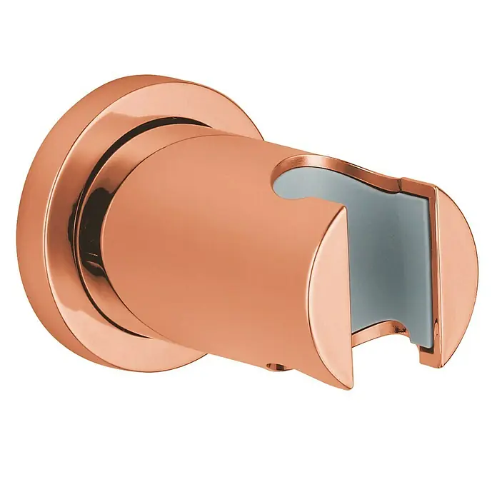 Grohe Rainshower Brausehalter - Warm Sunset, Glänzend - Nahaufnahme einer roségoldenen Duschkopfhalterung mit grauer Innenseite, die an einer Wand befestigt wird.