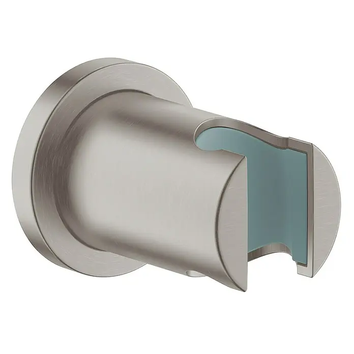 Grohe Rainshower Brausehalter - Supersteel, Matt - Nahaufnahme einer modernen Duschkopfhalterung in gebürstetem Nickel, die elegantes Design und Funktionalität vereint.