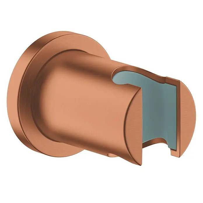 Grohe Rainshower Brausehalter - Warm Sunset, Matt - Nahaufnahme einer bronzefarbenen Duschstangenhalterung, die eine robuste und stilvolle Badezimmerergänzung darstellt.