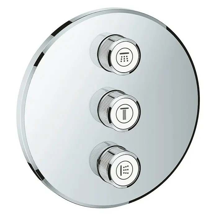 Grohe Grohtherm SmartControl UP-Ventil - Rund, Chrom, Glänzend - Nahaufnahme eines Grohe Duschthermostats mit runder Chromoberfläche und drei Drehknöpfen zur Steuerung von Strahlarten und Temperatur.