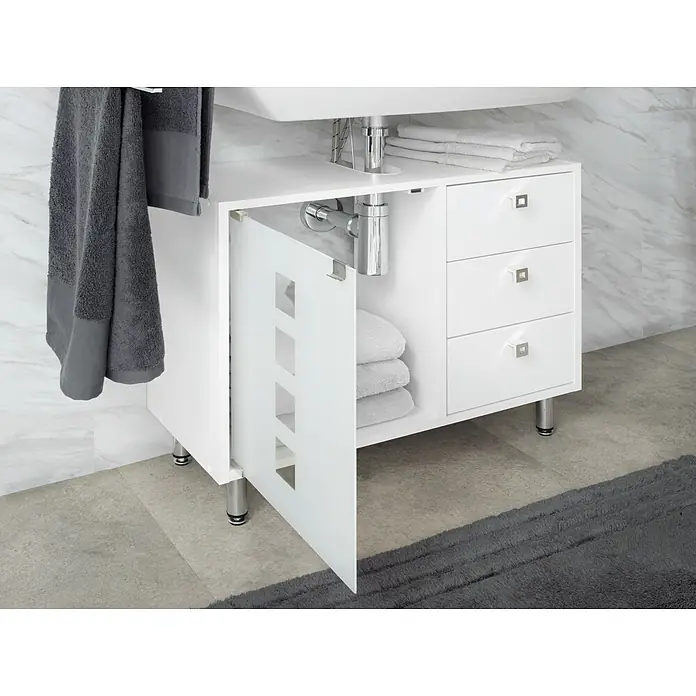 Riva Waschtischunterschrank Quadro - 67 x 29,5 x 58,5 cm, Weiß, Matt - Ein weißer Waschtischunterschrank mit einer offenen Tür und drei Schubladen, der zusätzlichen Stauraum im Badezimmer bietet.