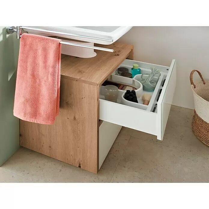 Riva Waschtischunterschrank Glass - 61 x 40 x 58 cm, Eiche Nachbildung, Weiß