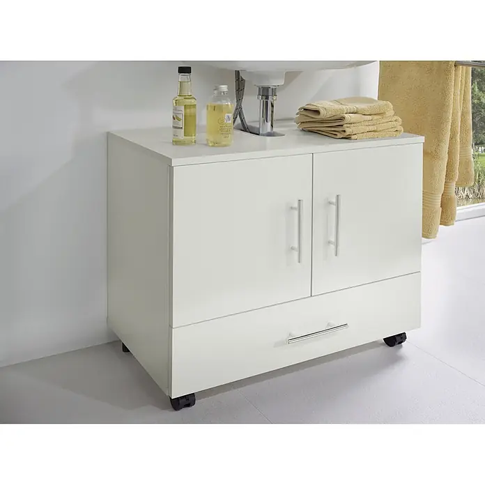 Riva Waschtischunterschrank System - 62,2 x 35,6 x 57,5 cm, Weiß, Matt - Ein weißer Waschbeckenunterschrank mit zwei Türen, einer Schublade und Rollen für Badezimmer bietet Stauraum.