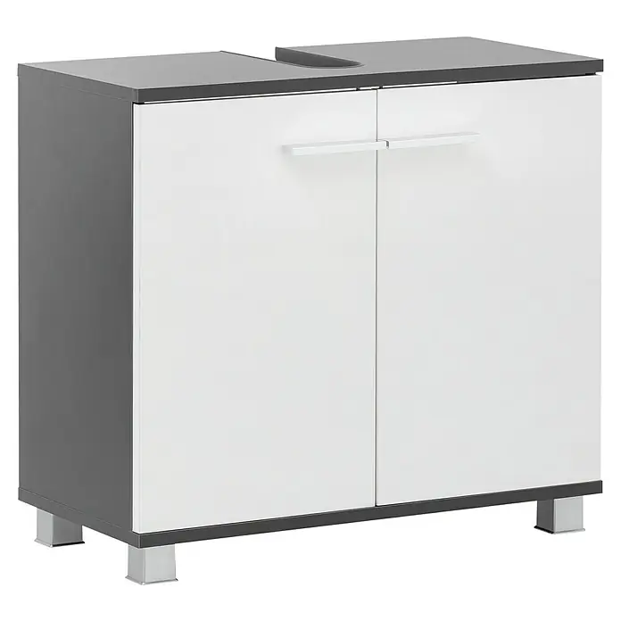 Riva Badmöbel-Set Stable - 65 cm, Weiß/Anthrazit, Matt - Waschbeckenunterschrank in Grau und Weiß mit zwei Türen und silbernen Füßen für ein modernes Badezimmer.