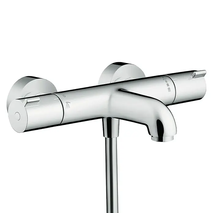 Hansgrohe Wannenthermostat Ecostat 1001 CL - Chrom, Glänzend - Nahaufnahme einer glänzenden, verchromten Hansgrohe Aufputz-Brausearmatur mit Thermostat und Temperaturregler.