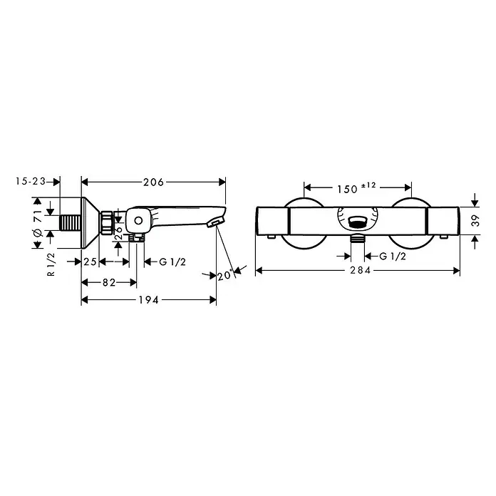 Hansgrohe Ecostat Wannenthermostat Universal - Chrom - Technische Zeichnung einer Aufputz-Brausebatterie mit Maßangaben zu Anschlüssen, Ausladung und Höhe.