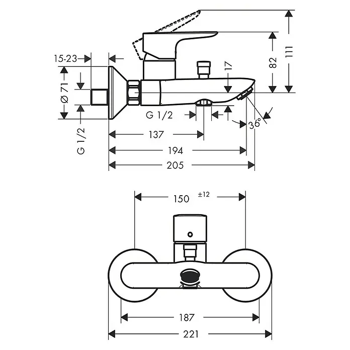 Hansgrohe Talis S Badewannenarmatur Talis E - Ausladung Armatur: 194 mm, Chrom, Glänzend - Technische Zeichnung einer Armatur mit Maßangaben für Installation und Design, die präzise Details für Badplanung bietet.