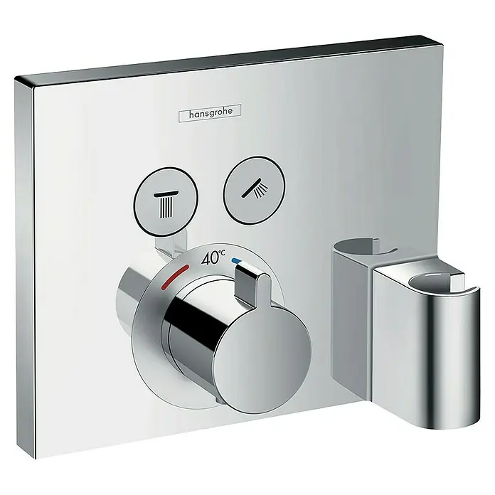 Hansgrohe UP-Thermostatarmatur ShowerSelect mit Fixfit und Portereinheit - Chrom, Glänzend - Nahaufnahme einer Hansgrohe Unterputz-Thermostatarmatur mit Temperaturregler und Umsteller für Dusche oder Badewanne.