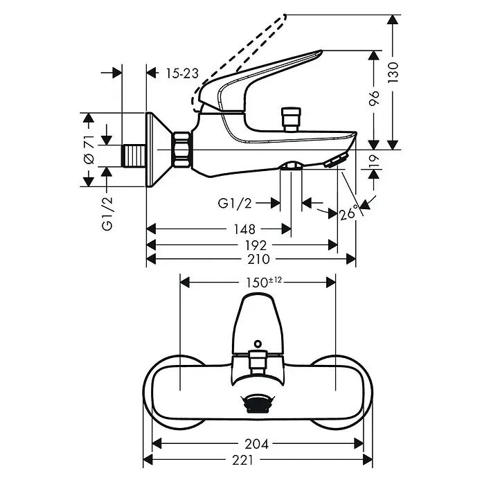 Hansgrohe Badewannenarmatur Novus - Ausladung Armatur: 192 mm, Chrom, Glänzend - Skizze