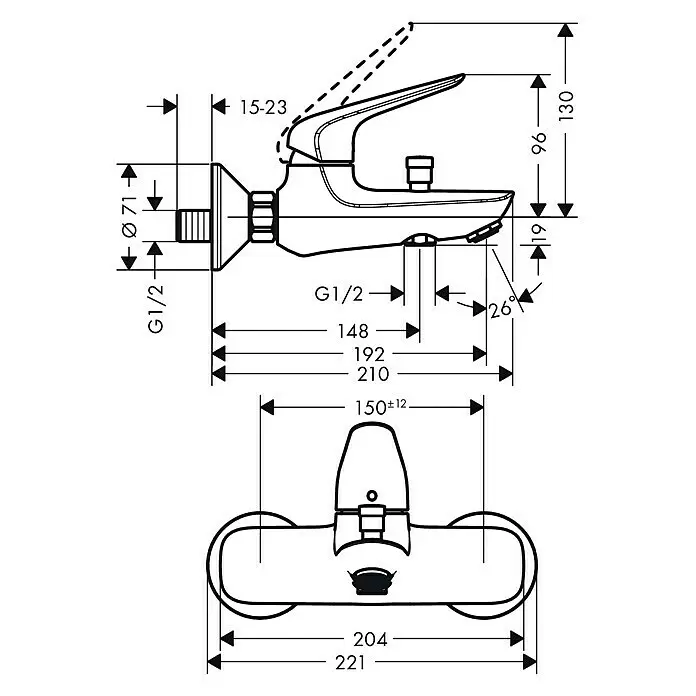 Hansgrohe Badewannenarmatur Novus - Ausladung Armatur: 192 mm, Chrom, Glänzend - Skizze