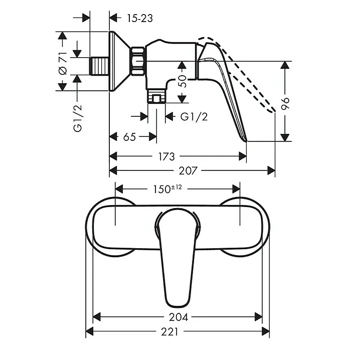 Hansgrohe Brausearmatur Novus - Chrom, Glänzend - Eine detaillierte technische Zeichnung eines Wasserhahns mit Maßangaben, die die Dimensionen und Anschlussdetails des Produkts hervorhebt.