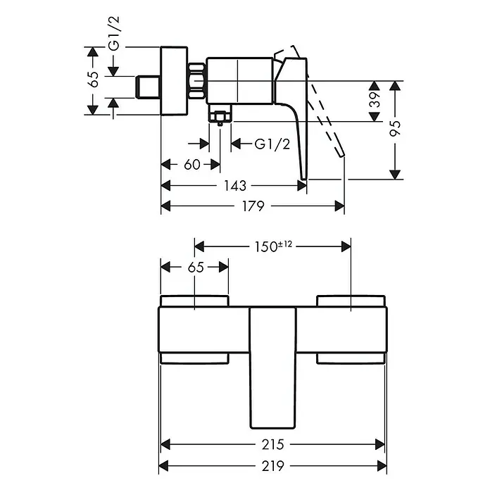Hansgrohe Brausearmatur Metropol - Chrom, Glänzend - Technische Zeichnung einer Armatur mit Maßen und Anschlüssen, inklusive G1/2-Zoll-Gewinde und Maßangaben für Montage.