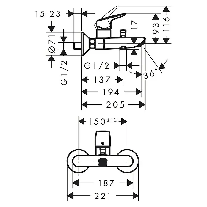 Hansgrohe Badewannenarmatur Logis - Ausladung Armatur: 194 mm, Chrom, Glänzend - Abbildung der Maße des Wasserhahns mit allen Maßen für die korrekte Installation.