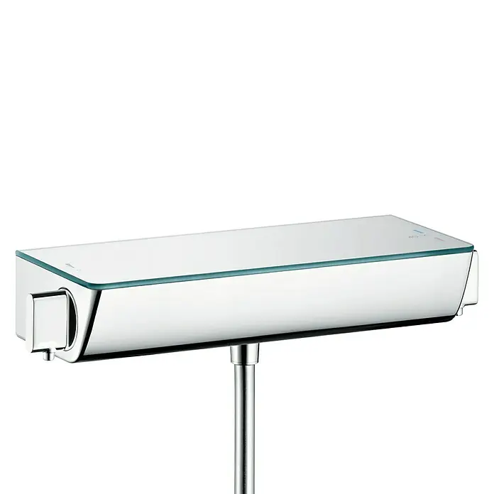 Hansgrohe Ecostat Thermostatarmatur Ecostat Select - Chrom, Glänzend - Nahaufnahme des eleganten Hansgrohe Duschthermostats mit Glasablage, ein Blickfang für jedes moderne Badezimmer.\n