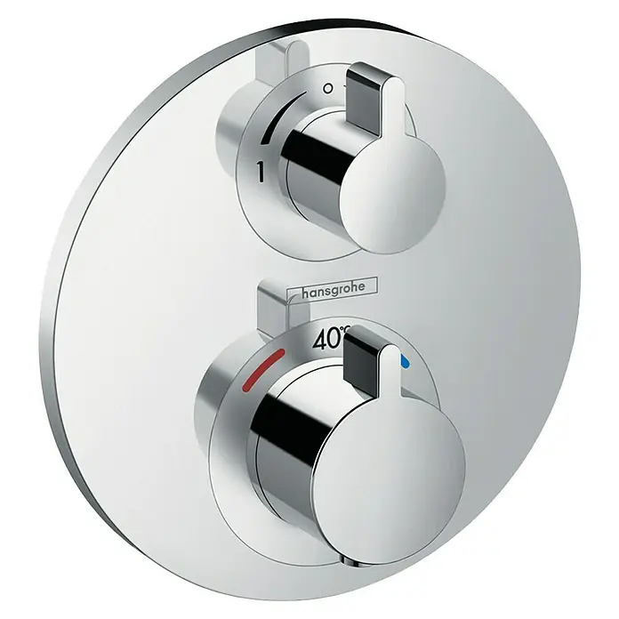 Hansgrohe Ecostat UP-Thermostatarmatur S - Rund, Chrom, Glänzend - Nahaufnahme einer Hansgrohe Armatur mit zwei runden Bedienelementen, die Wassermenge und Temperatur steuern.