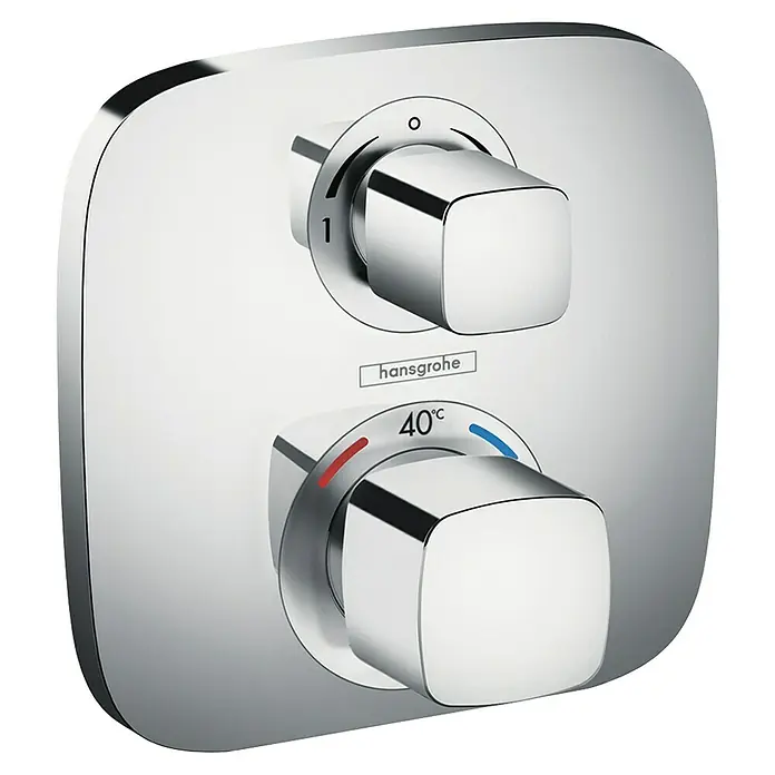 Hansgrohe Ecostat UP-Thermostatarmatur E - Gebogen, Chrom, Glänzend - Nahaufnahme der glänzenden Hansgrohe Armatur mit zwei Drehknöpfen für Wassermenge und Temperaturregulierung.
