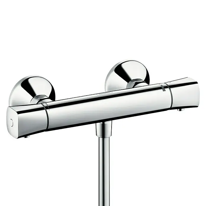 Hansgrohe Ecostat Brausethermostat Universal - Chrom, Glänzend - Abbildung einer glänzenden Hansgrohe Aufputz-Thermostatarmatur mit klarer Formensprache und präziser Temperaturregelung für das Badezimmer.