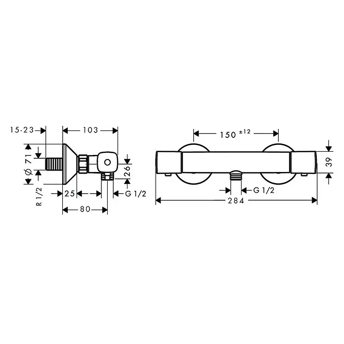 Hansgrohe Ecostat Brausethermostat Universal - Chrom, Glänzend - Technische Zeichnung eines Thermostats mit Maßangaben, inklusive Durchmesser und Abstände für Installationen.