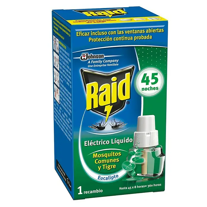 Raid Producto anti-insectos eléctrico líquido REC recambio eucalipto - Blanco, 1 x recambio - Imagen de un envase de Raid Eléctrico Líquido, un vaporizador contra mosquitos comunes y tigre con aroma a eucalipto, dura hasta 45 noches.