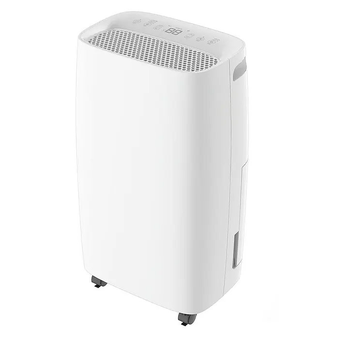 Toyotomi Deshumidificador eléctrico TD-C1410 - 205 W, Potencia de deshumidificación: 10 l/día, L x An x Al: 28,8 x 19,8 x 50,9 cm, Blanco - Deshumidificador blanco moderno con pantalla digital y ruedas, perfecto para un uso flexible en cualquier habitación.
