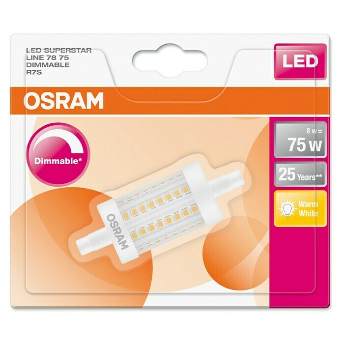 Osram Superstar LED-Leuchtmittel (8 W, R7s, Lichtfarbe: Warmweiß, Dimmbar, Rund)