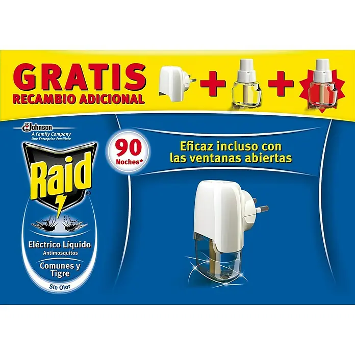 Raid Producto anti-insectos eléctrico líquido REC - 3 ud. - Raid eléctrico líquido antimosquitos, mosquito tigre, recambio adicional gratuito, hasta 90 noches, eficaz incluso con ventanas abiertas.