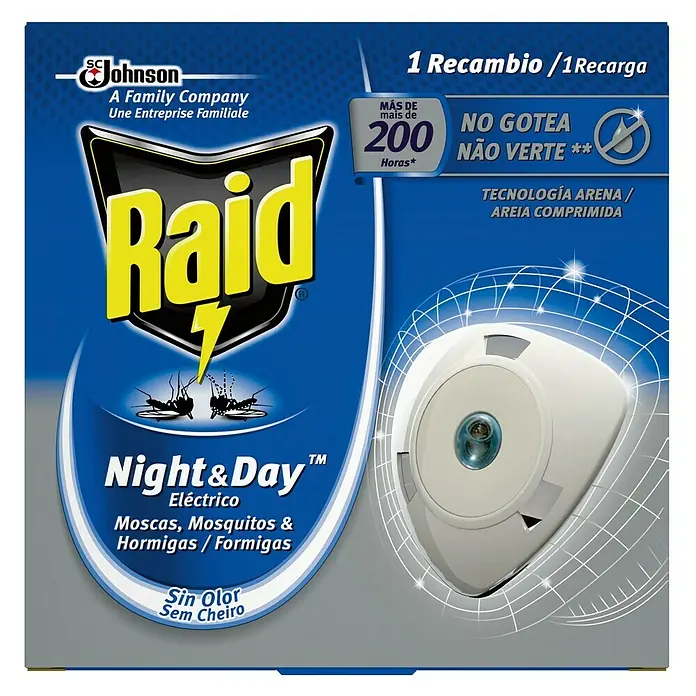 Raid Producto anti-insectos eléctrico líquido Night&Day 1 recambio - Blanco, 1 x recambio - Imagen del producto Raid Night & Day, un repelente de insectos eléctrico para moscas, mosquitos y hormigas.
