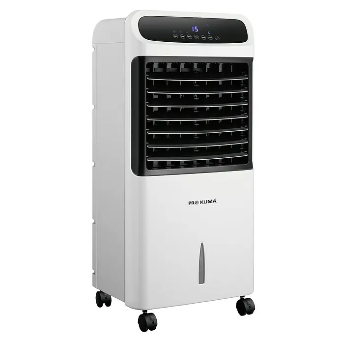 PR Klima Climatizador evaporativo 13 L - Blanco/Negro, Altura: 81 cm - Un enfriador de aire Pro Klima blanco con un panel de control negro en la parte superior y un depósito de agua en el frente.