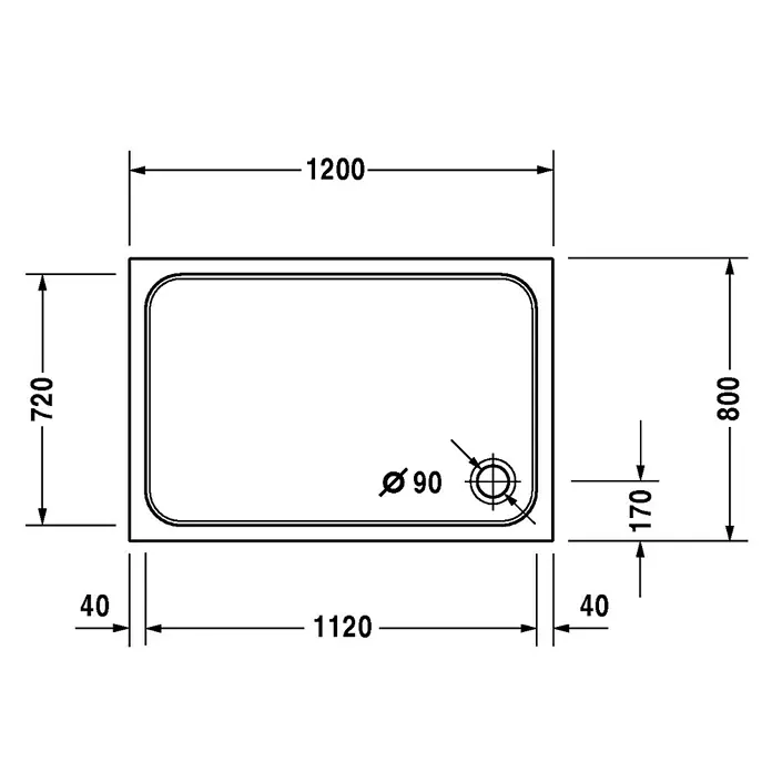Duravit D-Code Duschwanne - L x B: 120 x 80 cm, Kunststoff, Weiß, Ohne Antirutsch-Oberfläche, Rechteckig - Technische Zeichnung einer Duschwanne mit den Maßen 1200 x 800 mm und einem Durchmesser des Ablaufs von 90 mm.