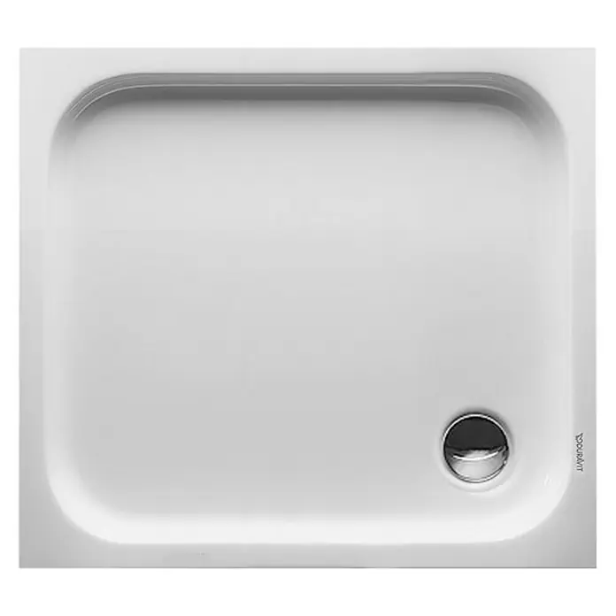 Duravit D-Code Duschwanne - L x B: 90 x 80 cm, Kunststoff, Weiß, Ohne Antirutsch-Oberfläche, Rechteckig - Eine rechteckige, weiße Duschwanne mit abgerundeten Ecken und einem mittigen Abfluss für ein modernes Badezimmerdesign.
