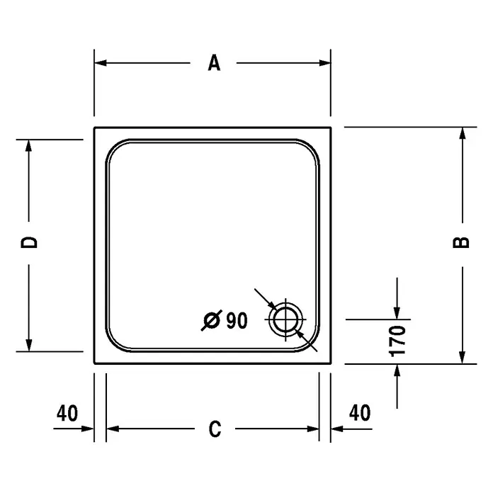 Duravit D-Code Duschwanne - L x B: 80 x 80 cm, Kunststoff, Weiß, Ohne Antirutsch-Oberfläche, Quadratisch - Schematische Darstellung einer quadratischen Duschwanne mit Maßangaben für A, B, C, D und einem Durchmesser von 90 mm.