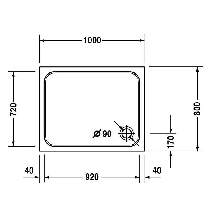 Duravit D-Code Duschwanne - L x B: 100 x 80 cm, Kunststoff, Weiß, Ohne Antirutsch-Oberfläche, Rechteckig - Technische Zeichnung einer Duschwanne mit den Maßen 1000x720mm, Ablaufdurchmesser 90mm und weiteren Detailmaßen zur Installation.