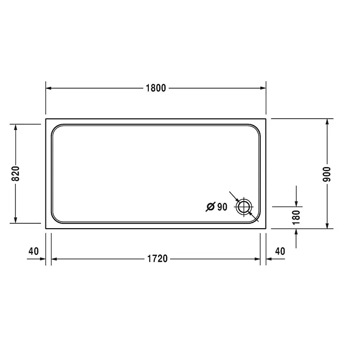 Duravit D-Code Duschwanne - L x B: 180 x 90 cm, Kunststoff, Weiß, Ohne Antirutsch-Oberfläche, Rechteckig - Schema einer rechteckigen Badewanne mit Maßangaben. Die Badewanne hat einen Durchmesser von 90 mm und Abmessungen von 1800 x 820 x 900 mm.