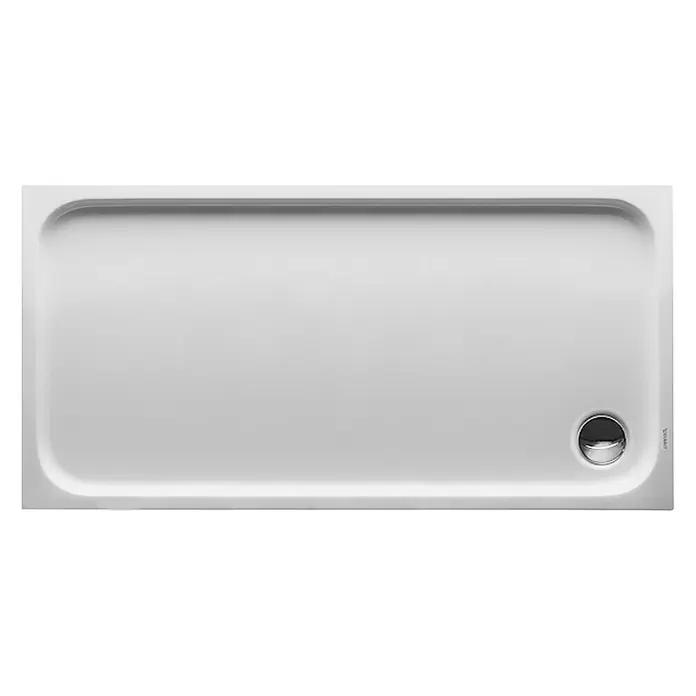 Duravit D-Code Duschwanne - L x B: 140 x 70 cm, Kunststoff, Weiß, Ohne Antirutsch-Oberfläche, Rechteckig - Eine rechteckige, weiße Duschwanne mit einem runden Abfluss an der rechten Seite. Das Produkt ist sauber und modern gestaltet.