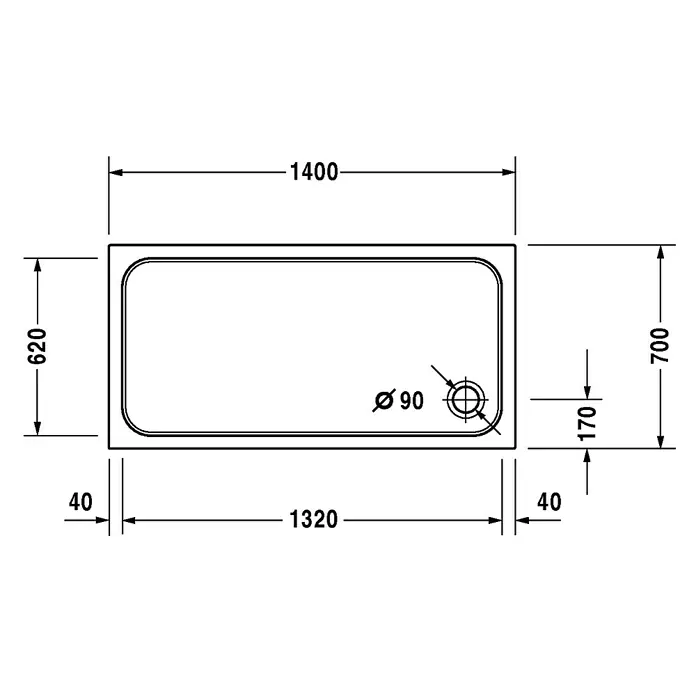 Duravit D-Code Duschwanne - L x B: 140 x 70 cm, Kunststoff, Weiß, Ohne Antirutsch-Oberfläche, Rechteckig - Technische Zeichnung einer Badewanne mit den Maßen 1400 x 700 mm und einem Ablaufdurchmesser von 90 mm.